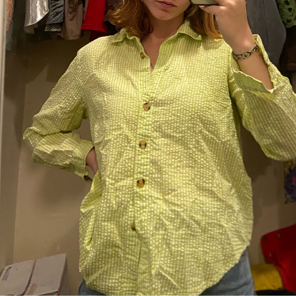 Green seersucker button down